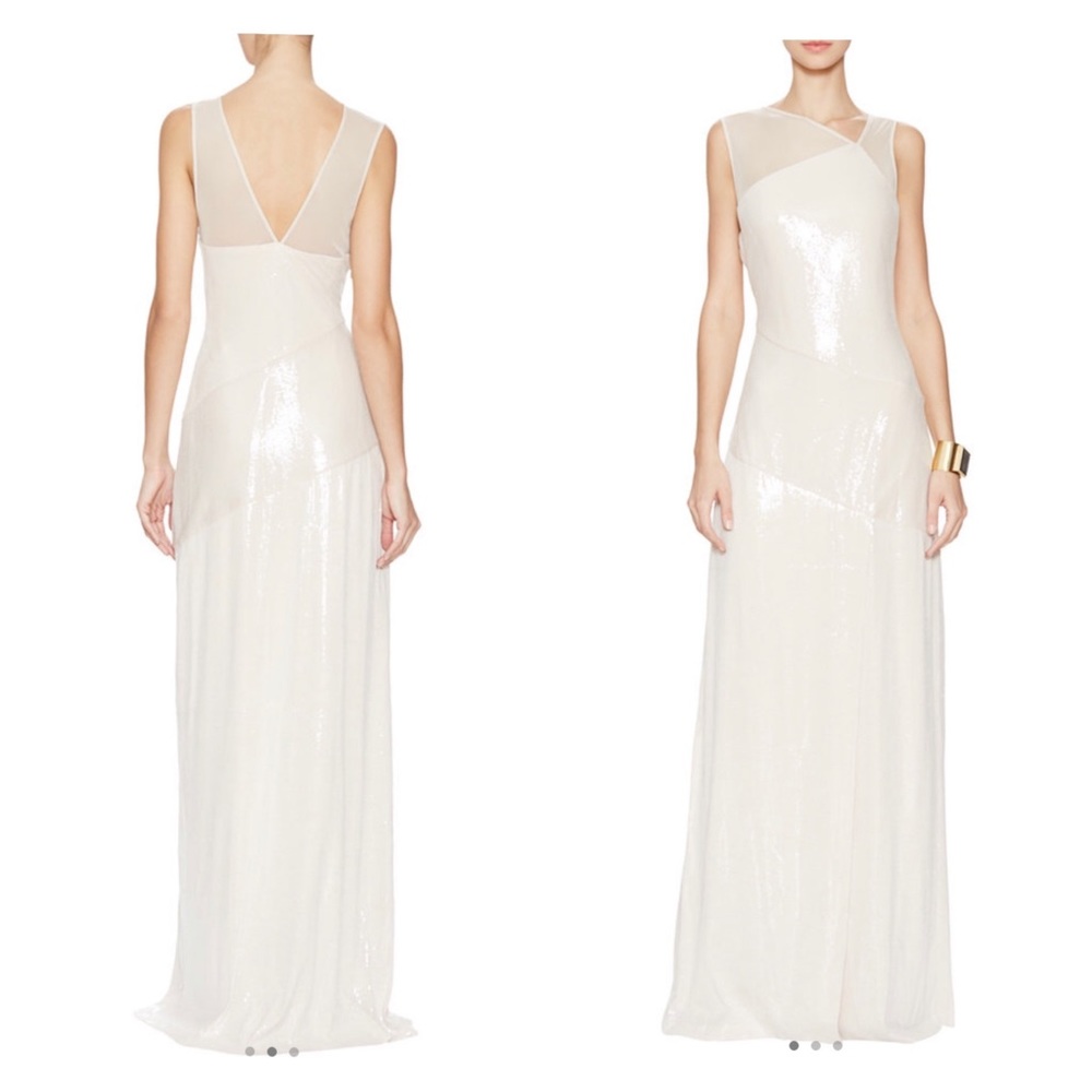 Halston Heritage Sequined Maxi Gown With Mesh Detail Cream Nude Sz 0